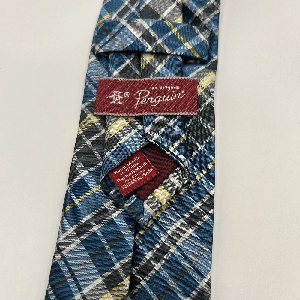 Penguin Necktie‎ Blue Plaid Pattern Silk Neck Tie 2.5